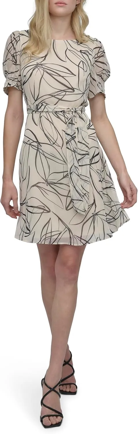DKNY Women's Puff Sleeve Tie Waist A-line Mini Dress