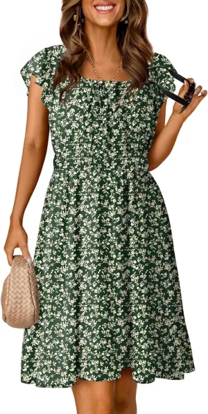 Dokotoo Womens Summer Dresses 2025 Boho Floral Ruffle Sleeve Smocked Elastic Waist Drawstring Tie Casual Mini Dress Sundress