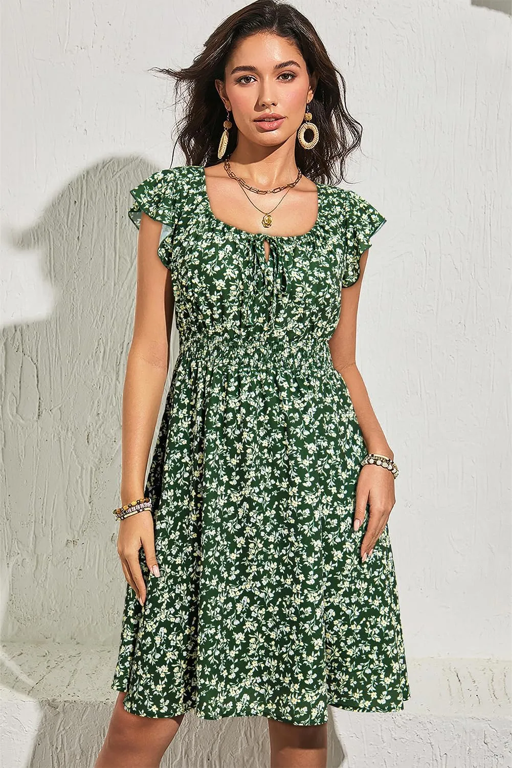 Dokotoo Womens Summer Dresses 2025 Boho Floral Ruffle Sleeve Smocked Elastic Waist Drawstring Tie Casual Mini Dress Sundress