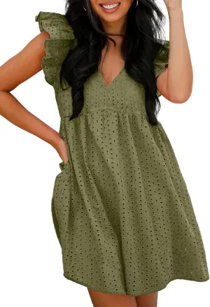 Dokotoo Womens Summer Dresses V Neck Ruffle Sleeve Cut-Out Embroidery Eyelet Lace Dress