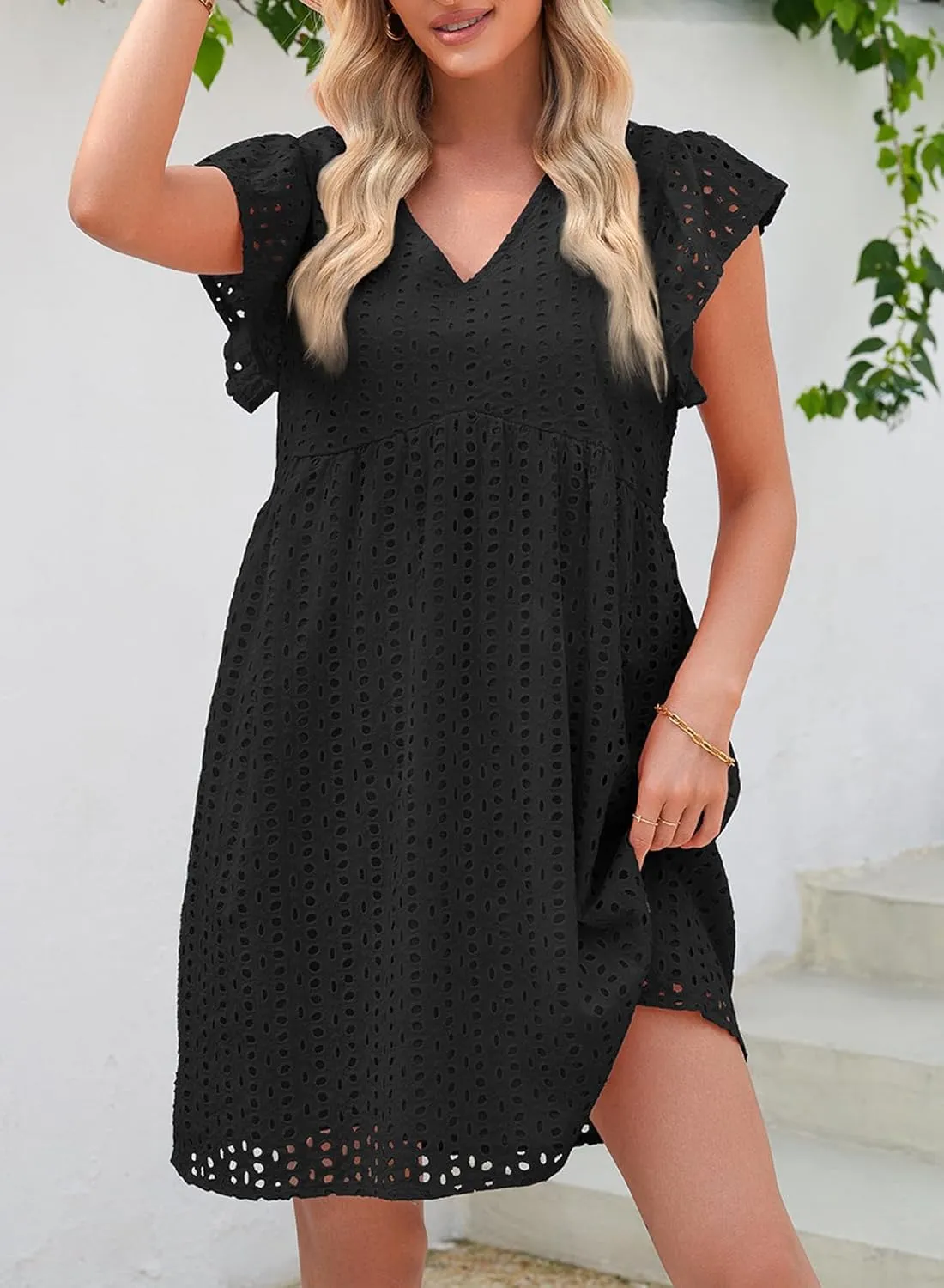 Dokotoo Womens Summer Dresses V Neck Ruffle Sleeve Cut-Out Embroidery Eyelet Lace Dress