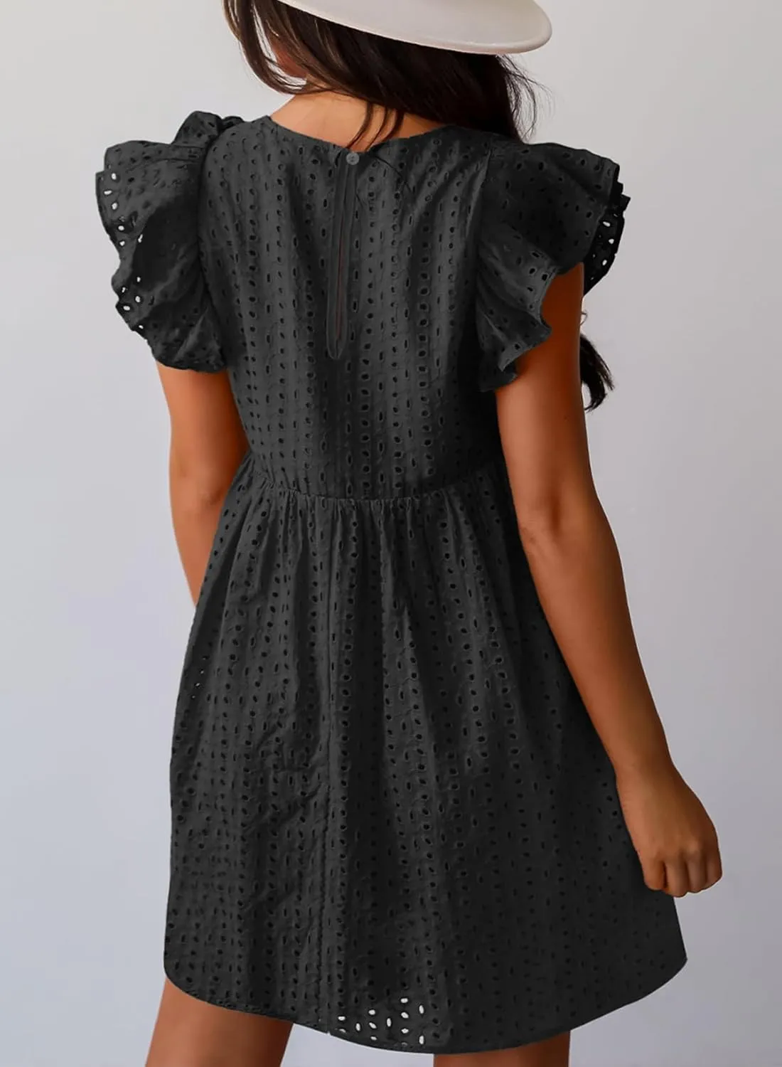 Dokotoo Womens Summer Dresses V Neck Ruffle Sleeve Cut-Out Embroidery Eyelet Lace Dress