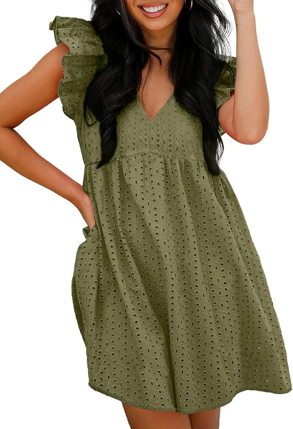 Dokotoo Womens Summer Dresses V Neck Ruffle Sleeve Cut-Out Embroidery Eyelet Lace Dress