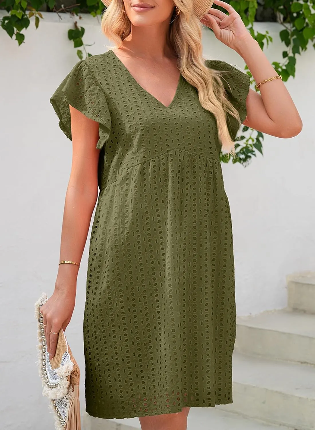 Dokotoo Womens Summer Dresses V Neck Ruffle Sleeve Cut-Out Embroidery Eyelet Lace Dress