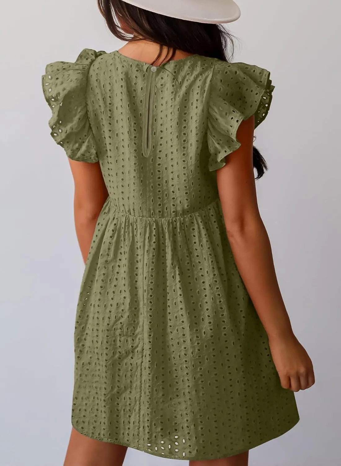 Dokotoo Womens Summer Dresses V Neck Ruffle Sleeve Cut-Out Embroidery Eyelet Lace Dress