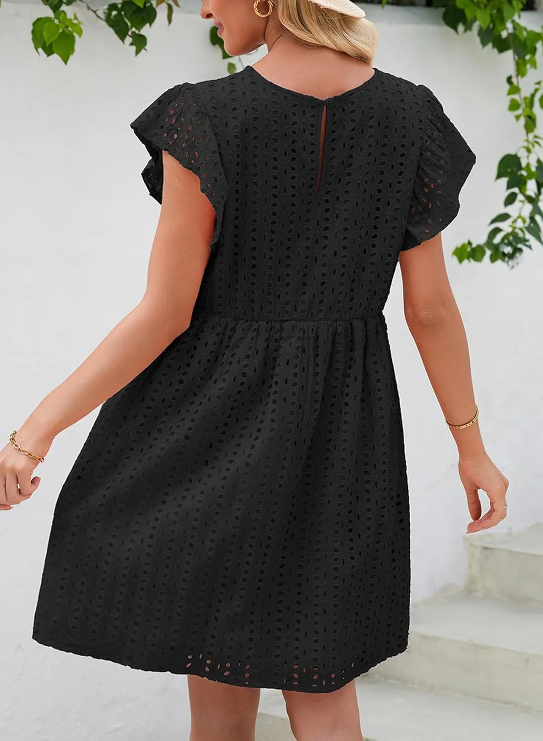 Dokotoo Womens Summer Dresses V Neck Ruffle Sleeve Cut-Out Embroidery Eyelet Lace Dress