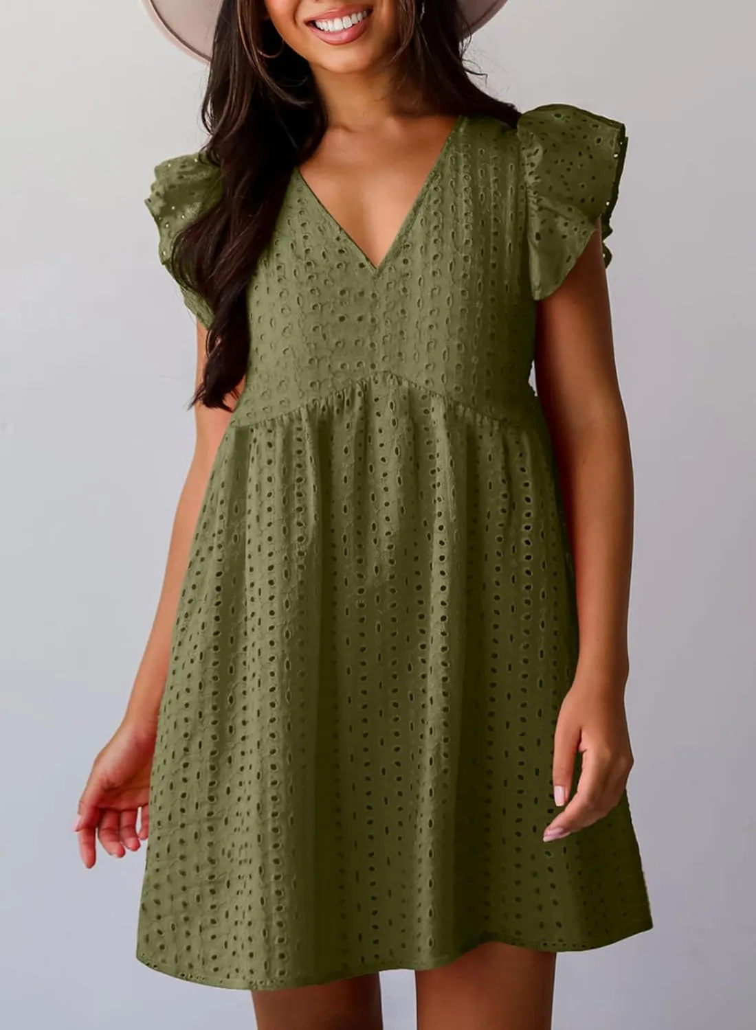 Dokotoo Womens Summer Dresses V Neck Ruffle Sleeve Cut-Out Embroidery Eyelet Lace Dress