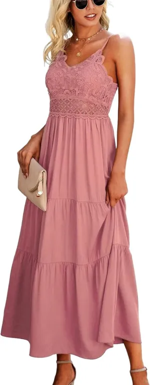Dokuritu Women's Beach Crochet Lace Maxi Dress Solid Color Summer Vacation Spaghetti Strap Long Dress 2024