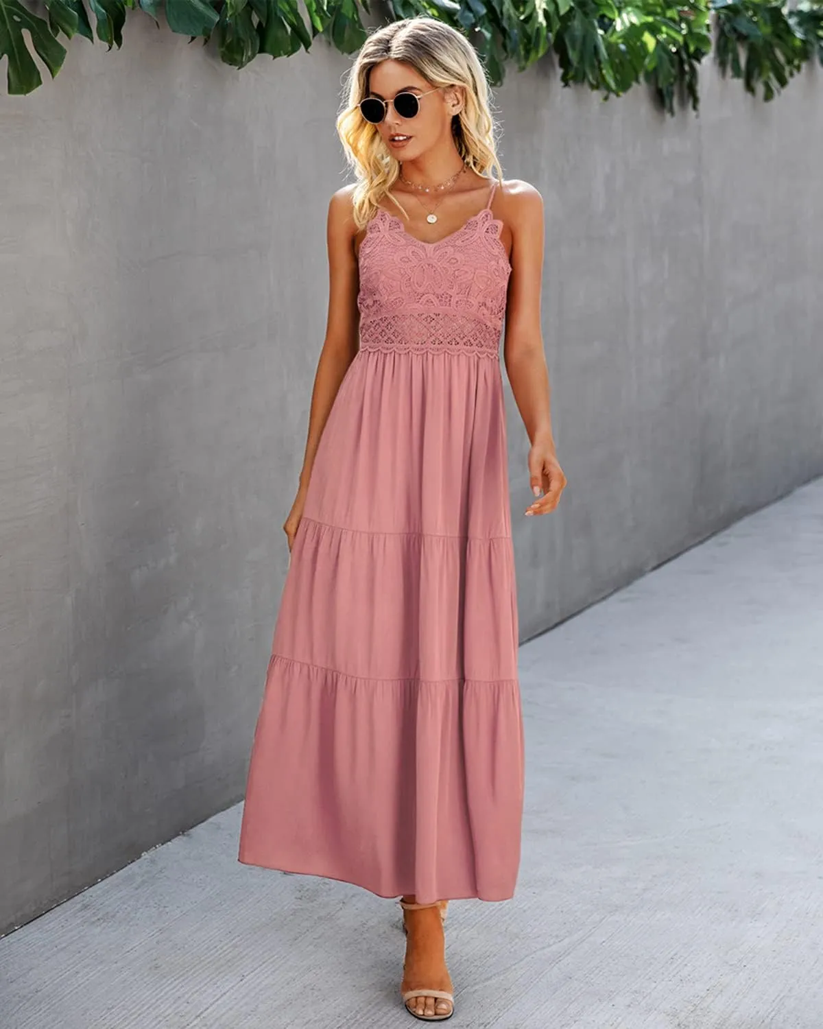 Dokuritu Women's Beach Crochet Lace Maxi Dress Solid Color Summer Vacation Spaghetti Strap Long Dress 2024