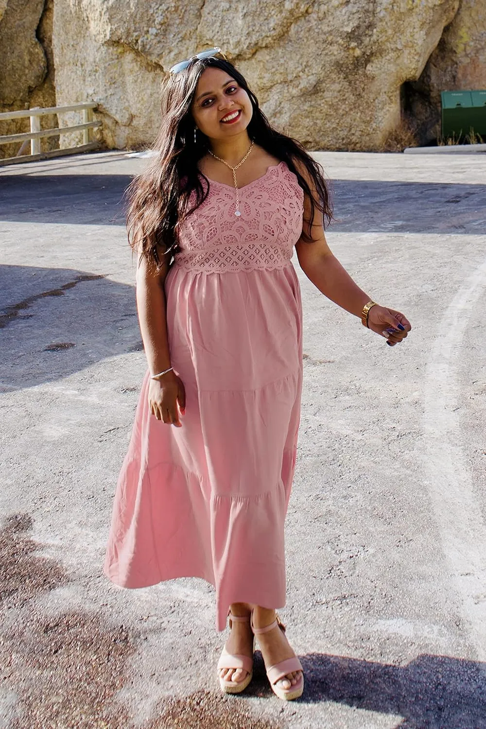 Dokuritu Women's Beach Crochet Lace Maxi Dress Solid Color Summer Vacation Spaghetti Strap Long Dress 2024