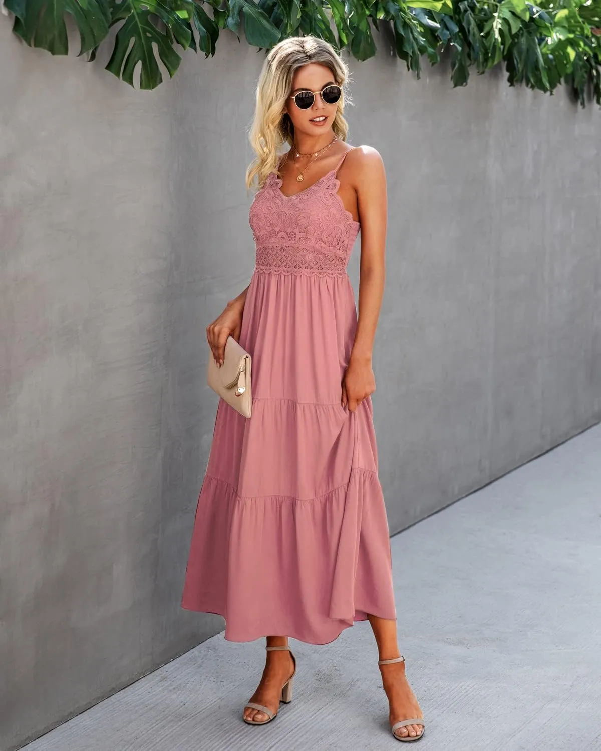 Dokuritu Women's Beach Crochet Lace Maxi Dress Solid Color Summer Vacation Spaghetti Strap Long Dress 2024