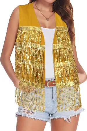 Dresswel Womens Sequin Fringe Vests Glitter Open Front Cardigan Party Prom Rave Sleeveless Tassels Vest Jacket