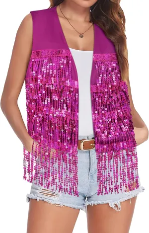 Dresswel Womens Sequin Fringe Vests Glitter Open Front Cardigan Party Prom Rave Sleeveless Tassels Vest Jacket