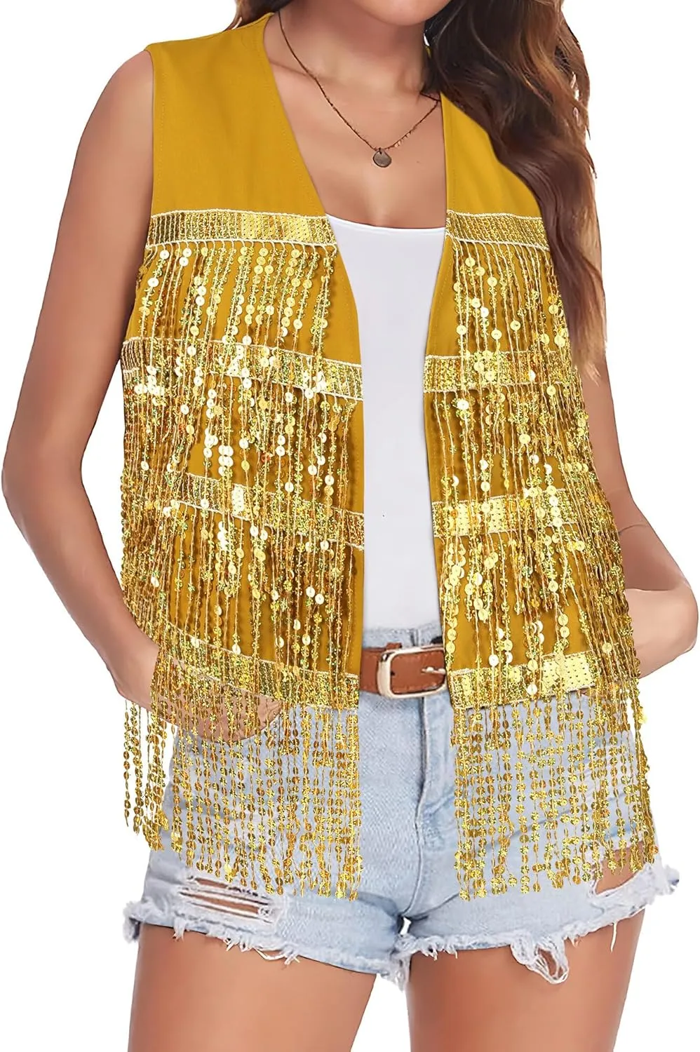 Dresswel Womens Sequin Fringe Vests Glitter Open Front Cardigan Party Prom Rave Sleeveless Tassels Vest Jacket