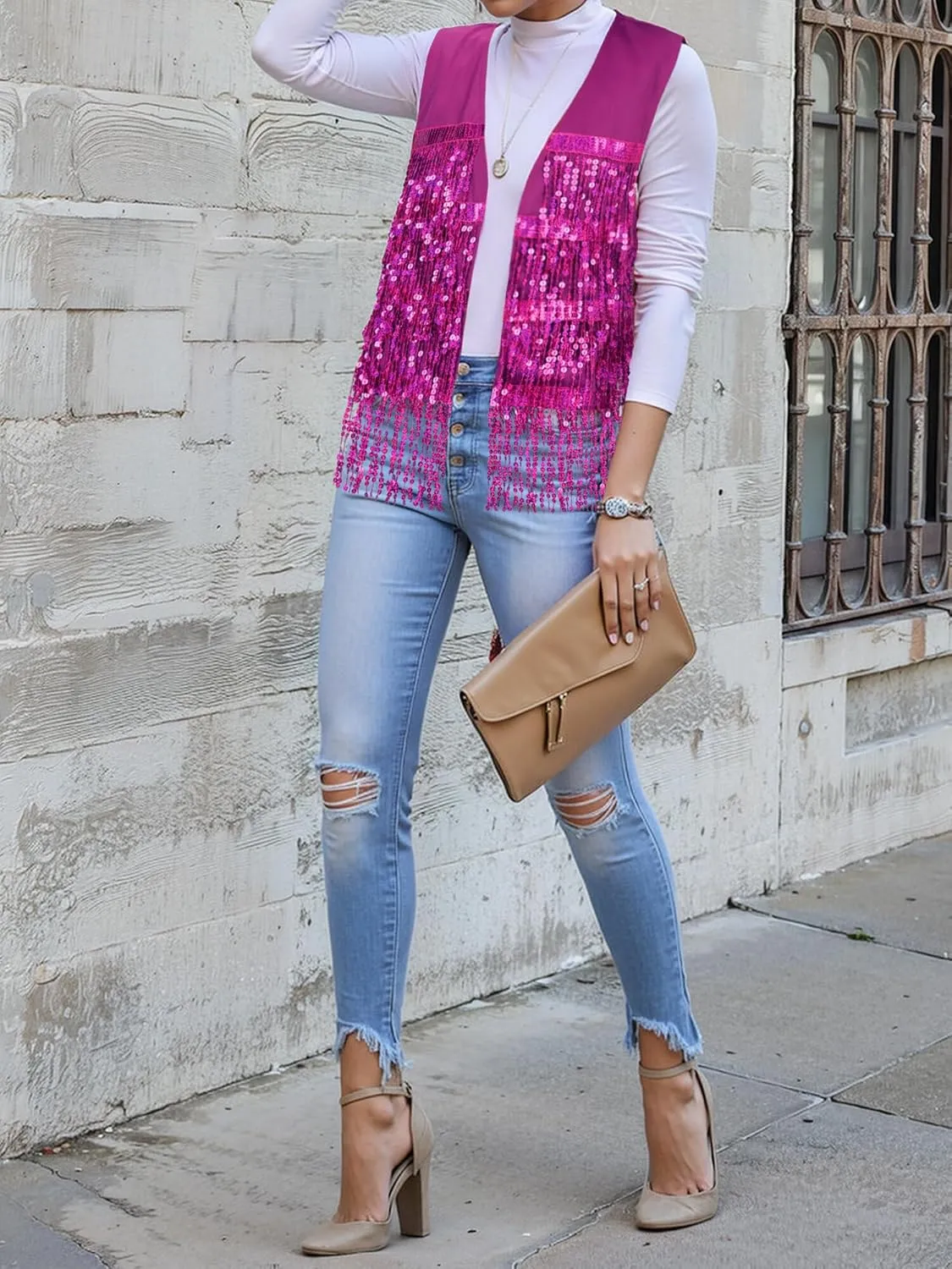 Dresswel Womens Sequin Fringe Vests Glitter Open Front Cardigan Party Prom Rave Sleeveless Tassels Vest Jacket