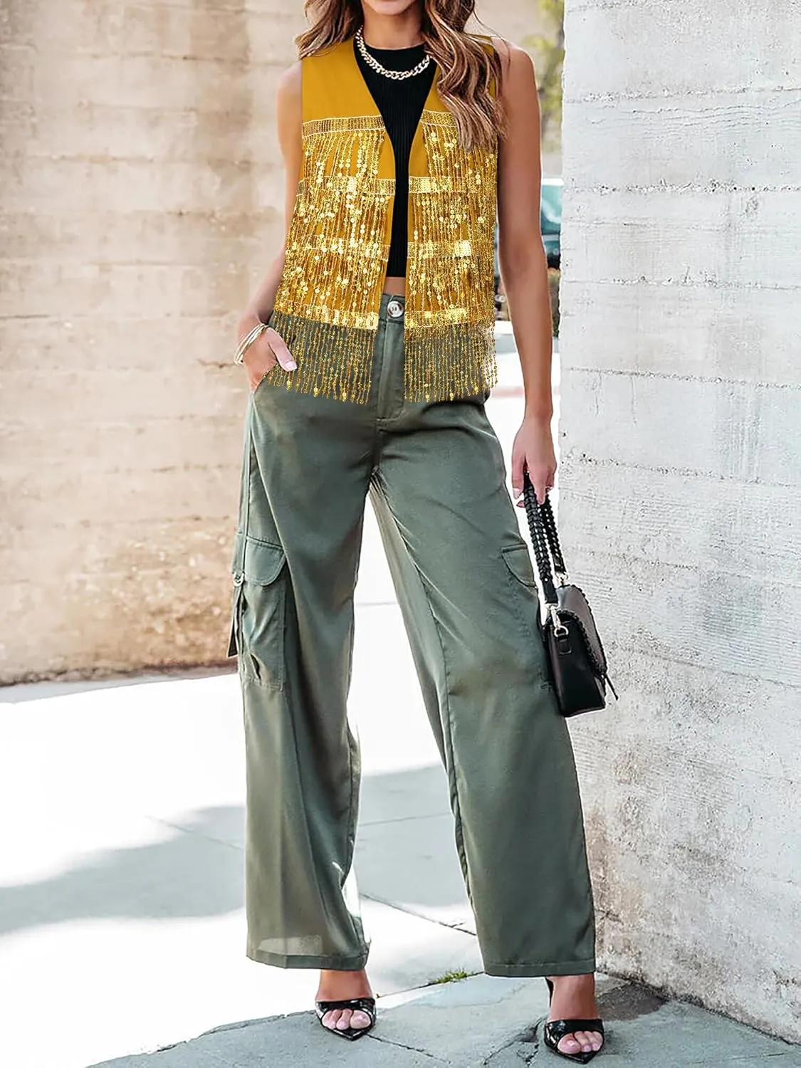 Dresswel Womens Sequin Fringe Vests Glitter Open Front Cardigan Party Prom Rave Sleeveless Tassels Vest Jacket