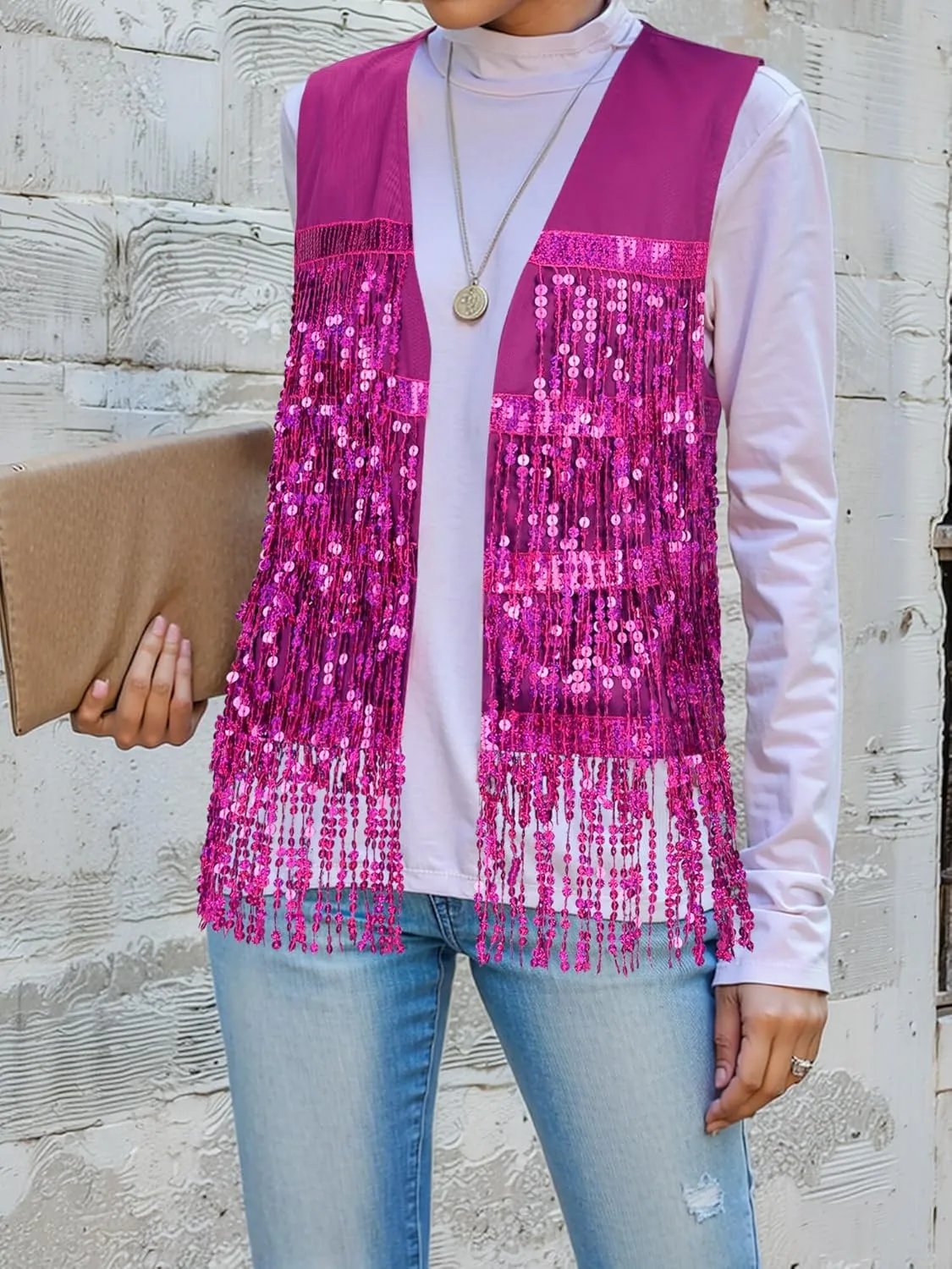 Dresswel Womens Sequin Fringe Vests Glitter Open Front Cardigan Party Prom Rave Sleeveless Tassels Vest Jacket