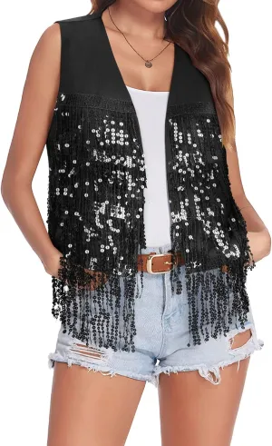 Dresswel Womens Sequin Fringe Vests Glitter Open Front Cardigan Party Prom Rave Sleeveless Tassels Vest Jacket