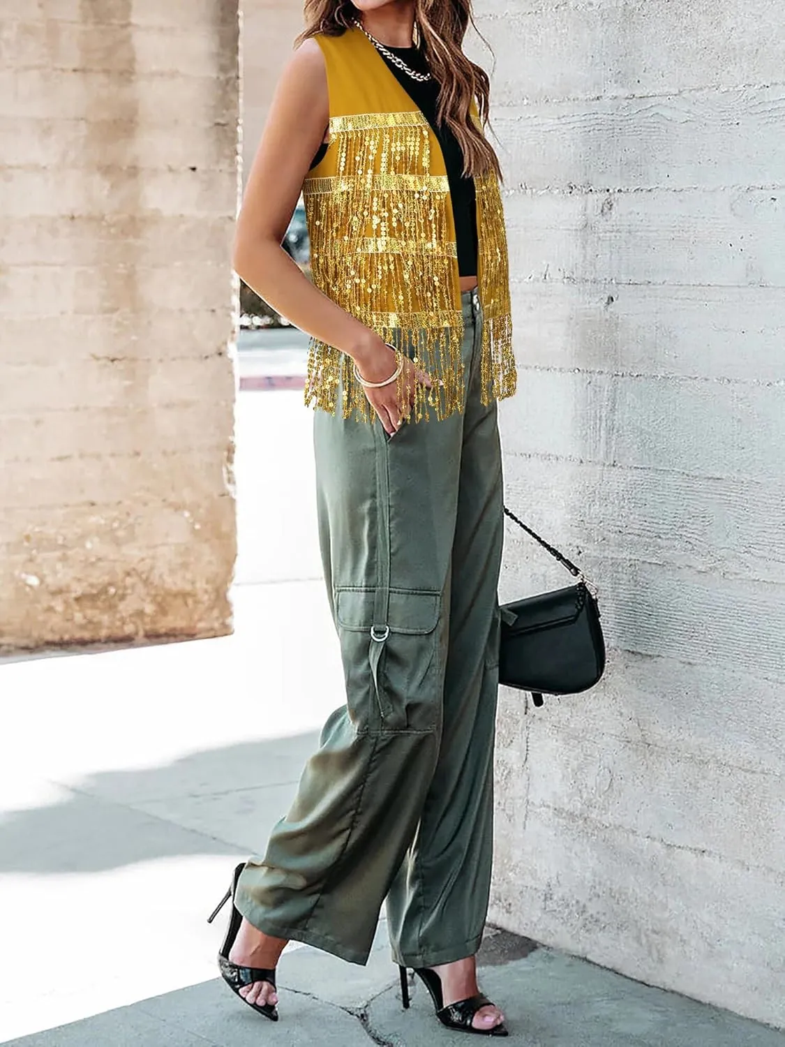 Dresswel Womens Sequin Fringe Vests Glitter Open Front Cardigan Party Prom Rave Sleeveless Tassels Vest Jacket