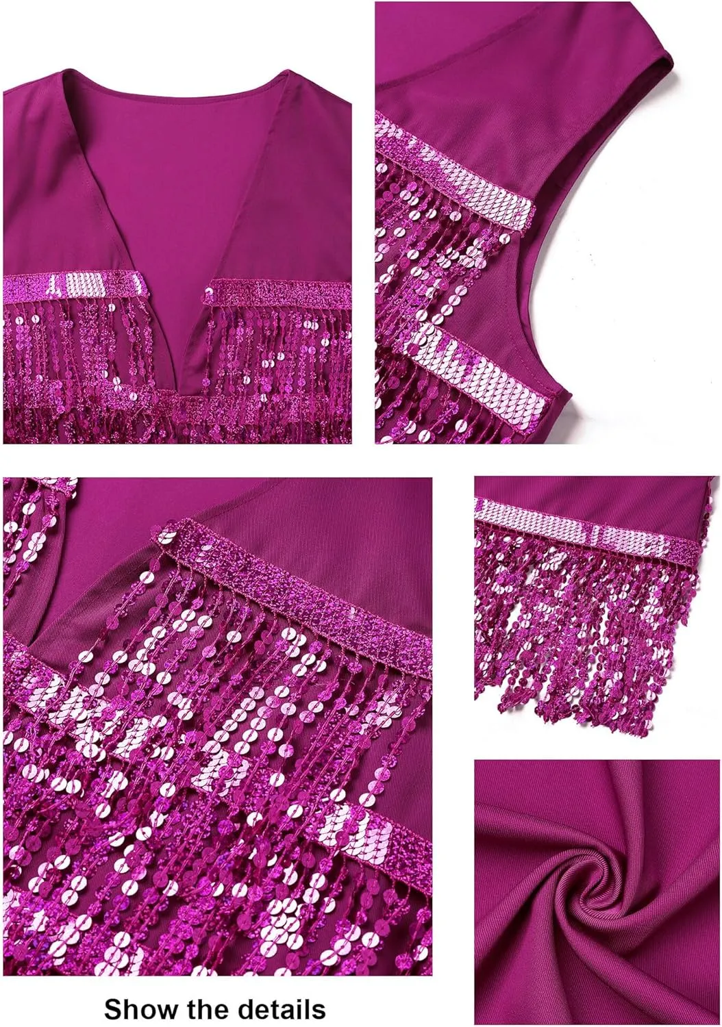 Dresswel Womens Sequin Fringe Vests Glitter Open Front Cardigan Party Prom Rave Sleeveless Tassels Vest Jacket