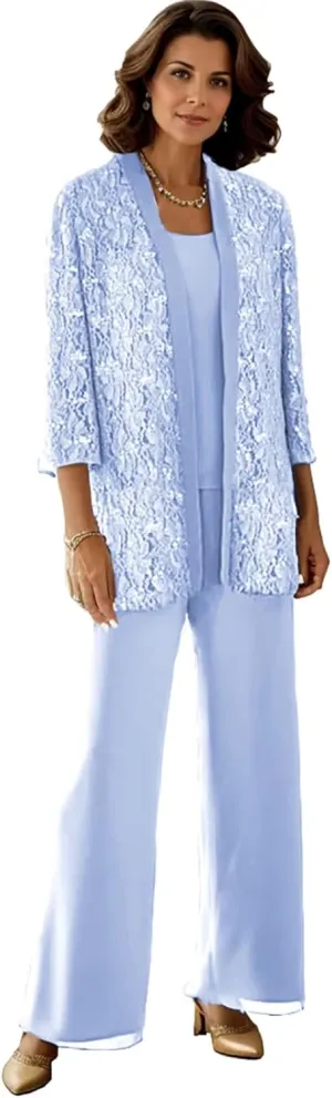 Dressy Pant Suits for A Wedding Sparkly Sequin Lace Outfit Long Sleeve 3 Pieces Mother of The Bride Pantsuits for Women