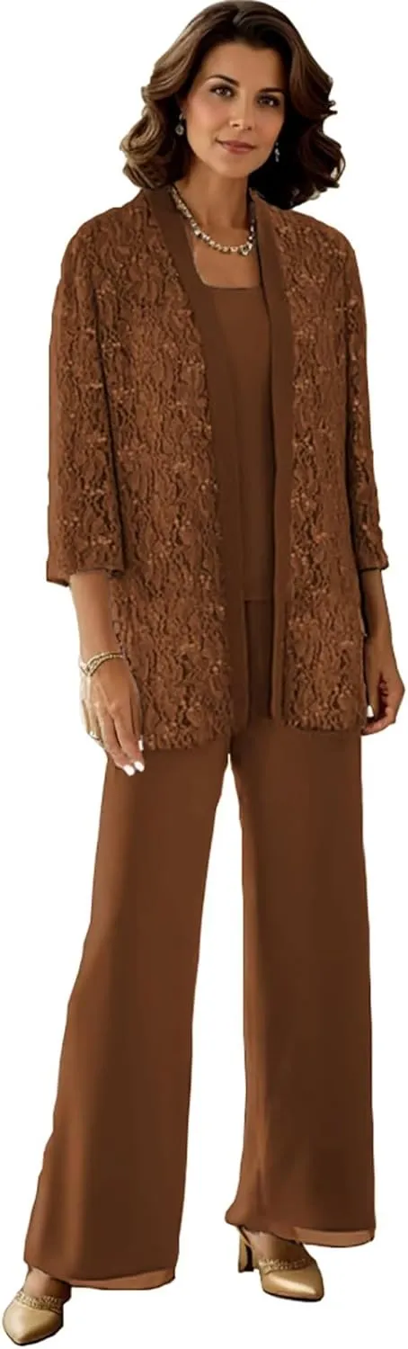 Dressy Pant Suits for A Wedding Sparkly Sequin Lace Outfit Long Sleeve 3 Pieces Mother of The Bride Pantsuits for Women