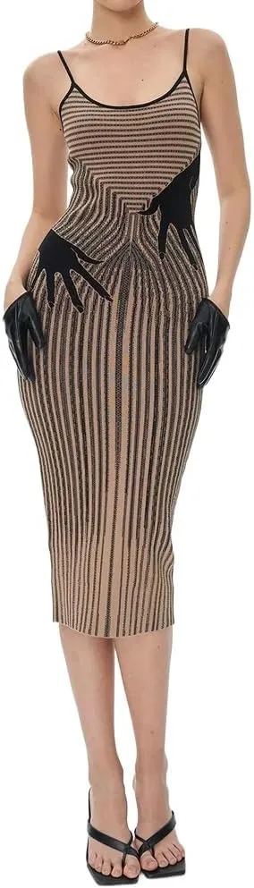 efvandoloe Summer Abstract Knitted Camisole Midi Dress Women Sleeveless Slim Fashion Design Dresses Evening