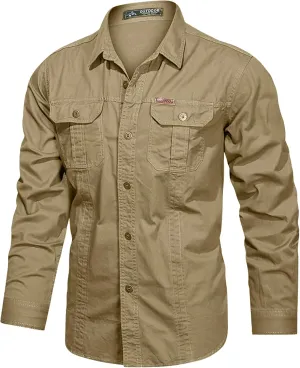 Eisctnd Men's Long Sleeve Cotton Work Shirt Casual Loose Fit Button Down Shirts with 2-Pocket for Outdoor Safari