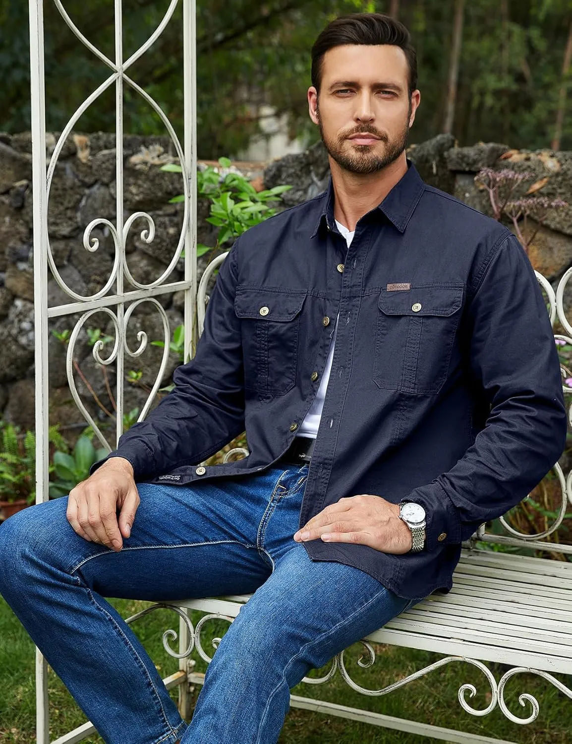Eisctnd Men's Long Sleeve Cotton Work Shirt Casual Loose Fit Button Down Shirts with 2-Pocket for Outdoor Safari