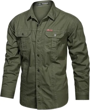 Eisctnd Men's Long Sleeve Cotton Work Shirt Casual Loose Fit Button Down Shirts with 2-Pocket for Outdoor Safari