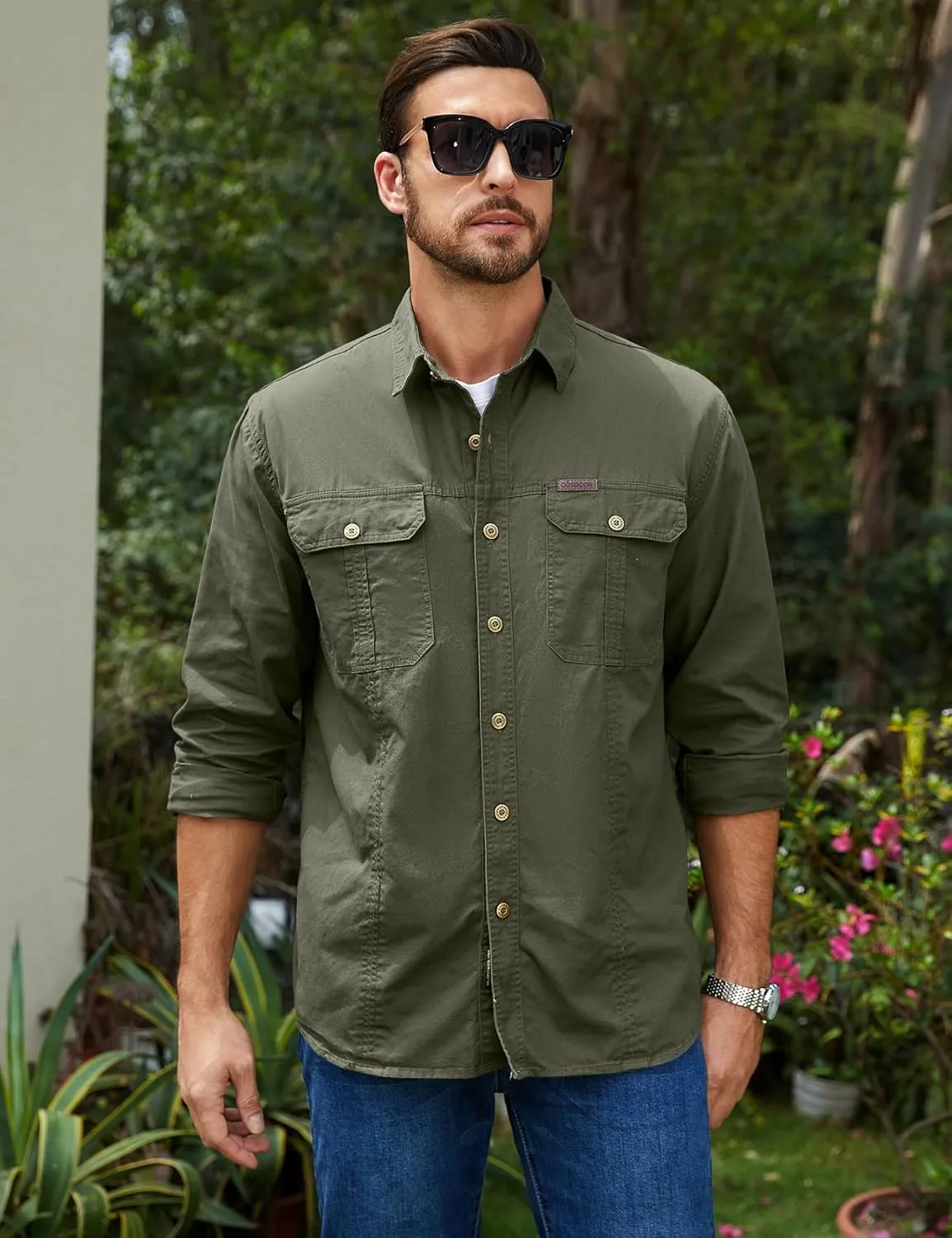 Eisctnd Men's Long Sleeve Cotton Work Shirt Casual Loose Fit Button Down Shirts with 2-Pocket for Outdoor Safari