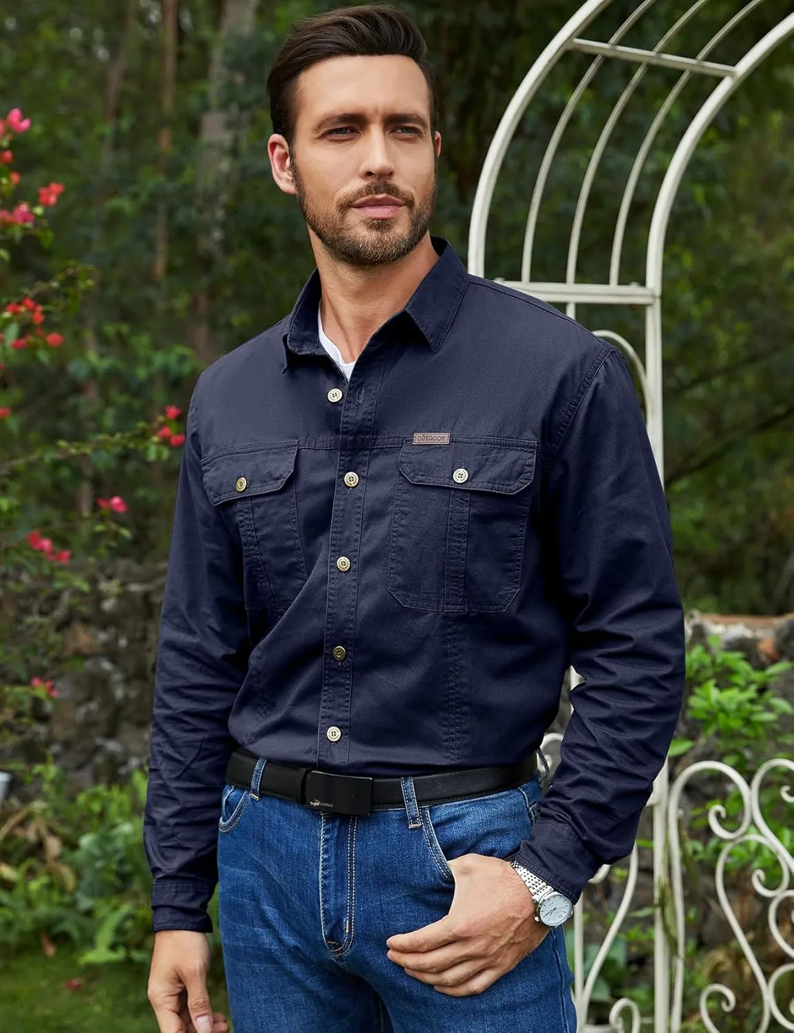Eisctnd Men's Long Sleeve Cotton Work Shirt Casual Loose Fit Button Down Shirts with 2-Pocket for Outdoor Safari