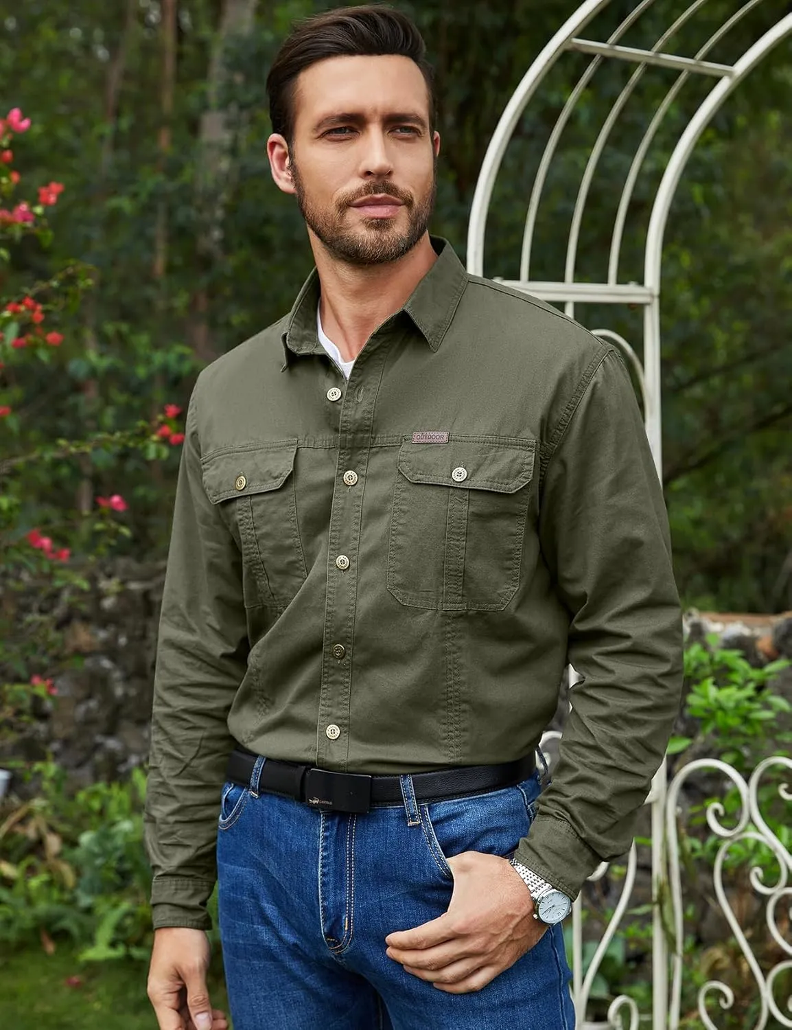 Eisctnd Men's Long Sleeve Cotton Work Shirt Casual Loose Fit Button Down Shirts with 2-Pocket for Outdoor Safari