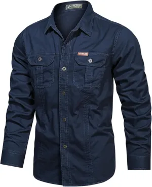 Eisctnd Men's Long Sleeve Cotton Work Shirt Casual Loose Fit Button Down Shirts with 2-Pocket for Outdoor Safari