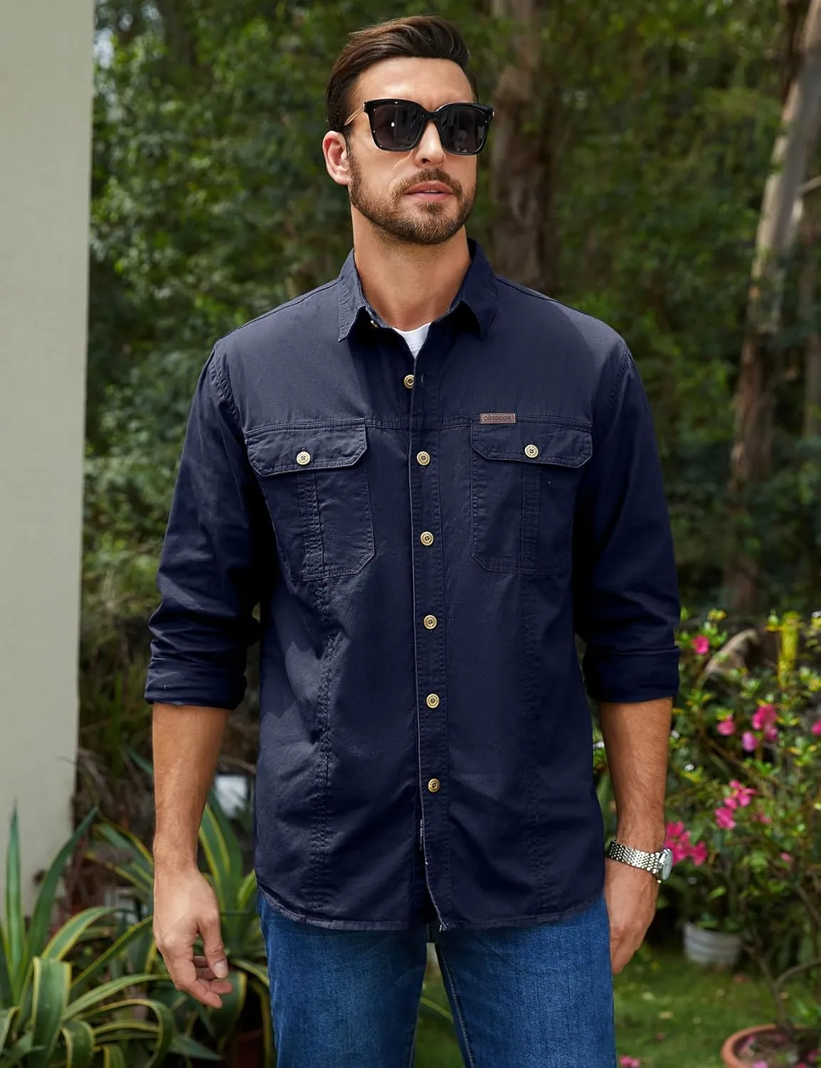 Eisctnd Men's Long Sleeve Cotton Work Shirt Casual Loose Fit Button Down Shirts with 2-Pocket for Outdoor Safari