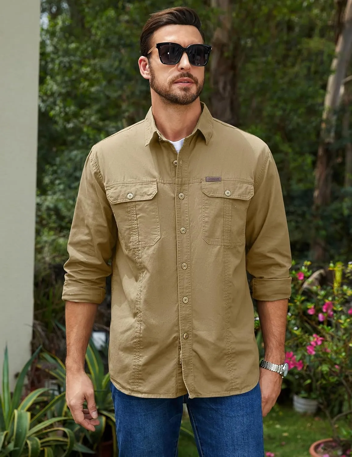 Eisctnd Men's Long Sleeve Cotton Work Shirt Casual Loose Fit Button Down Shirts with 2-Pocket for Outdoor Safari