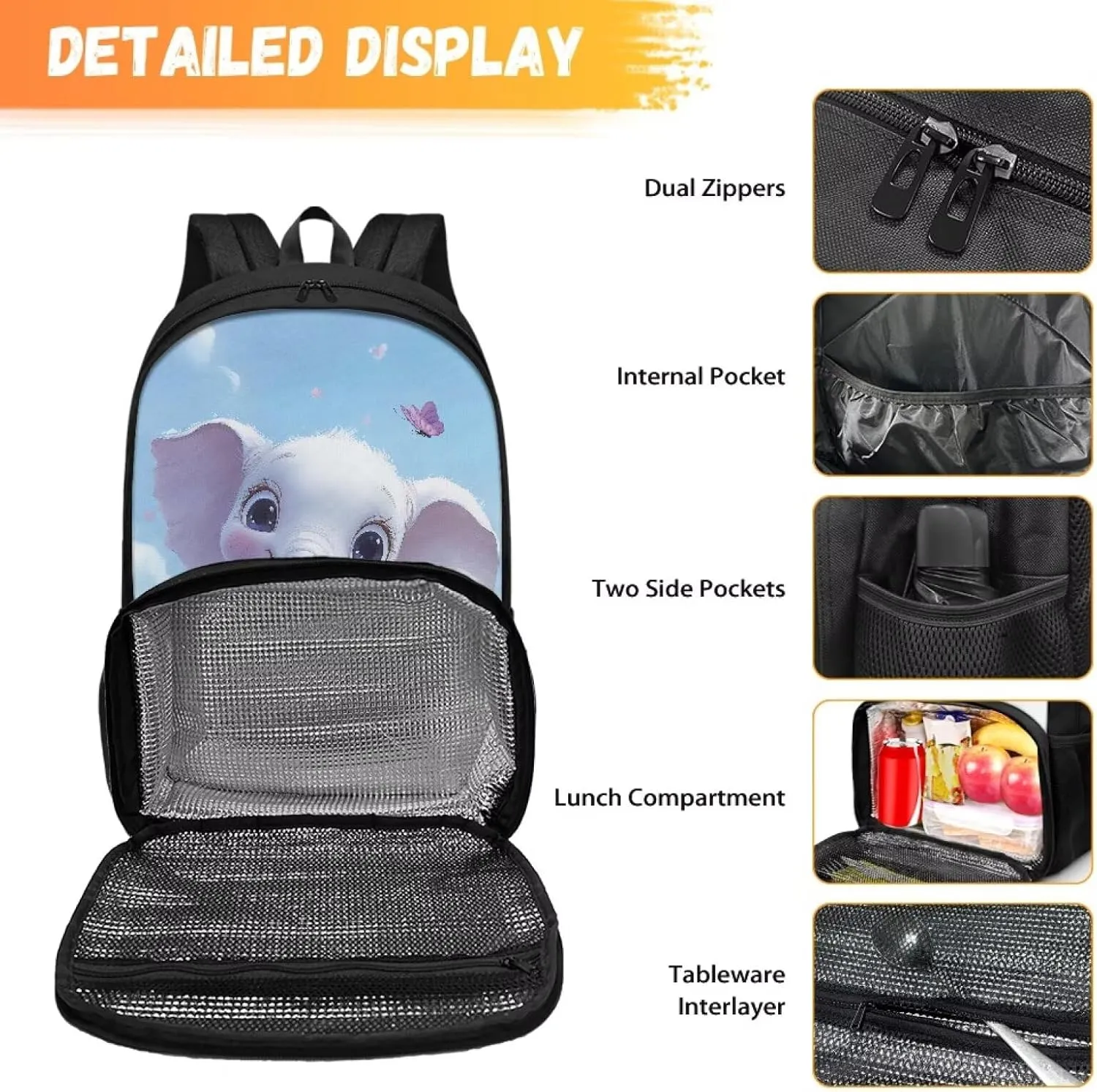 Elephant Backpack with Insulated Cooler Compartment 4th Grade Backpack for Girls Boys Kids All-in-One Bookbag Lightweight Cozy Daypack for Primary School Book Bag