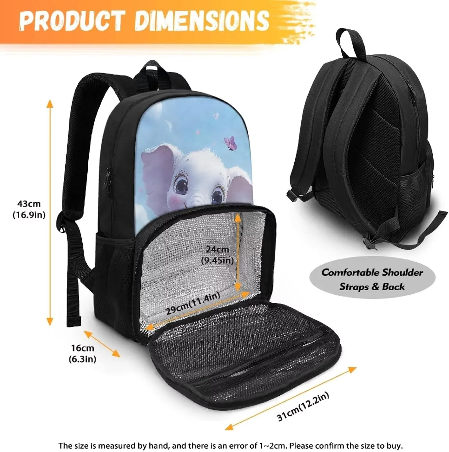 Elephant Backpack with Insulated Cooler Compartment 4th Grade Backpack for Girls Boys Kids All-in-One Bookbag Lightweight Cozy Daypack for Primary School Book Bag