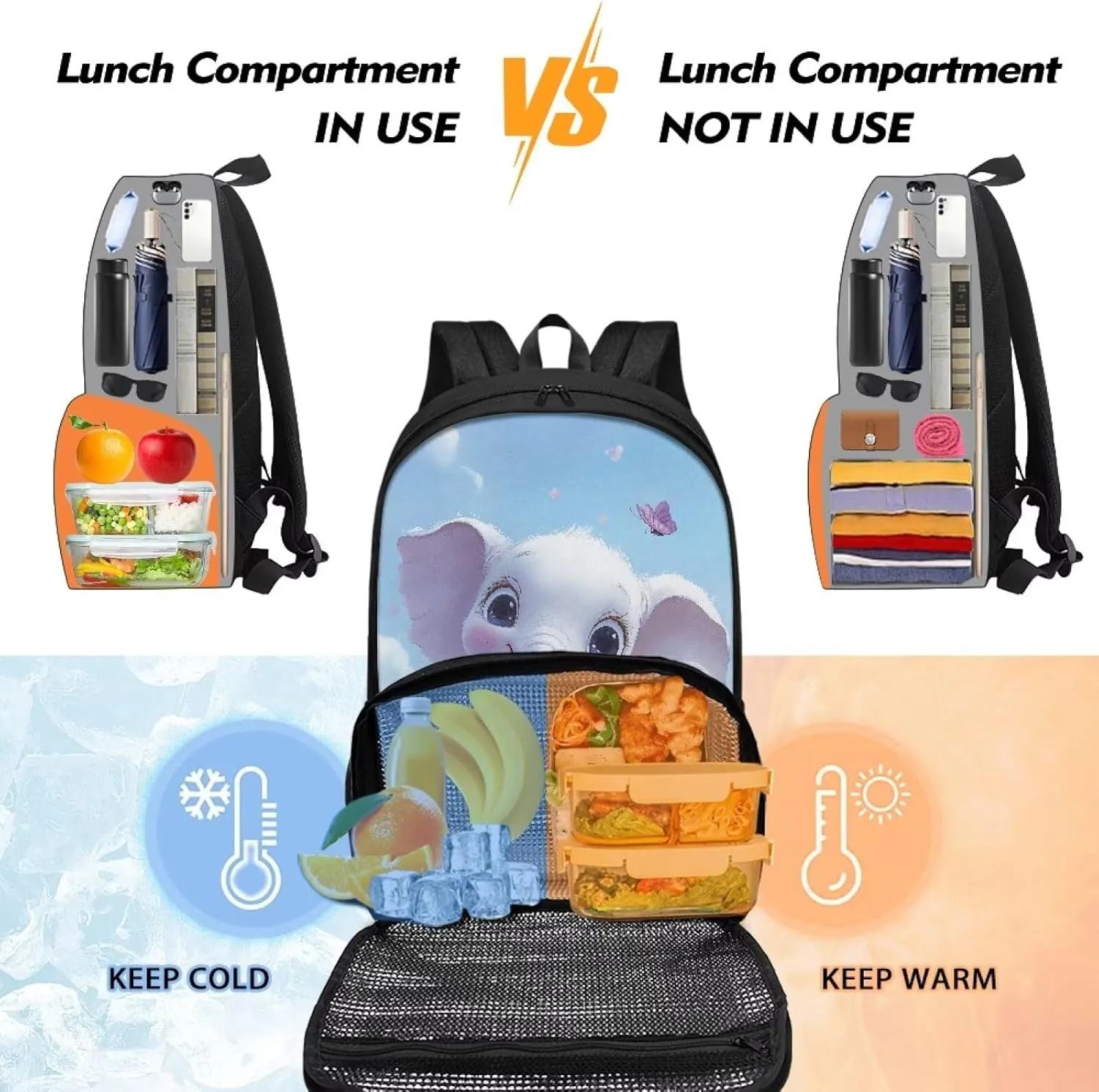 Elephant Backpack with Insulated Cooler Compartment 4th Grade Backpack for Girls Boys Kids All-in-One Bookbag Lightweight Cozy Daypack for Primary School Book Bag