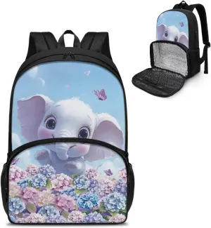 Elephant Backpack with Insulated Cooler Compartment 4th Grade Backpack for Girls Boys Kids All-in-One Bookbag Lightweight Cozy Daypack for Primary School Book Bag