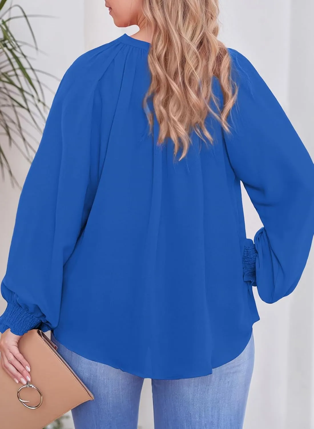 Eytino Womens Plus Size Tops Sexy V Neck Smocked Long Sleeve Casual Chiffon Blouse Flowy Work Shirts(1X-5X)