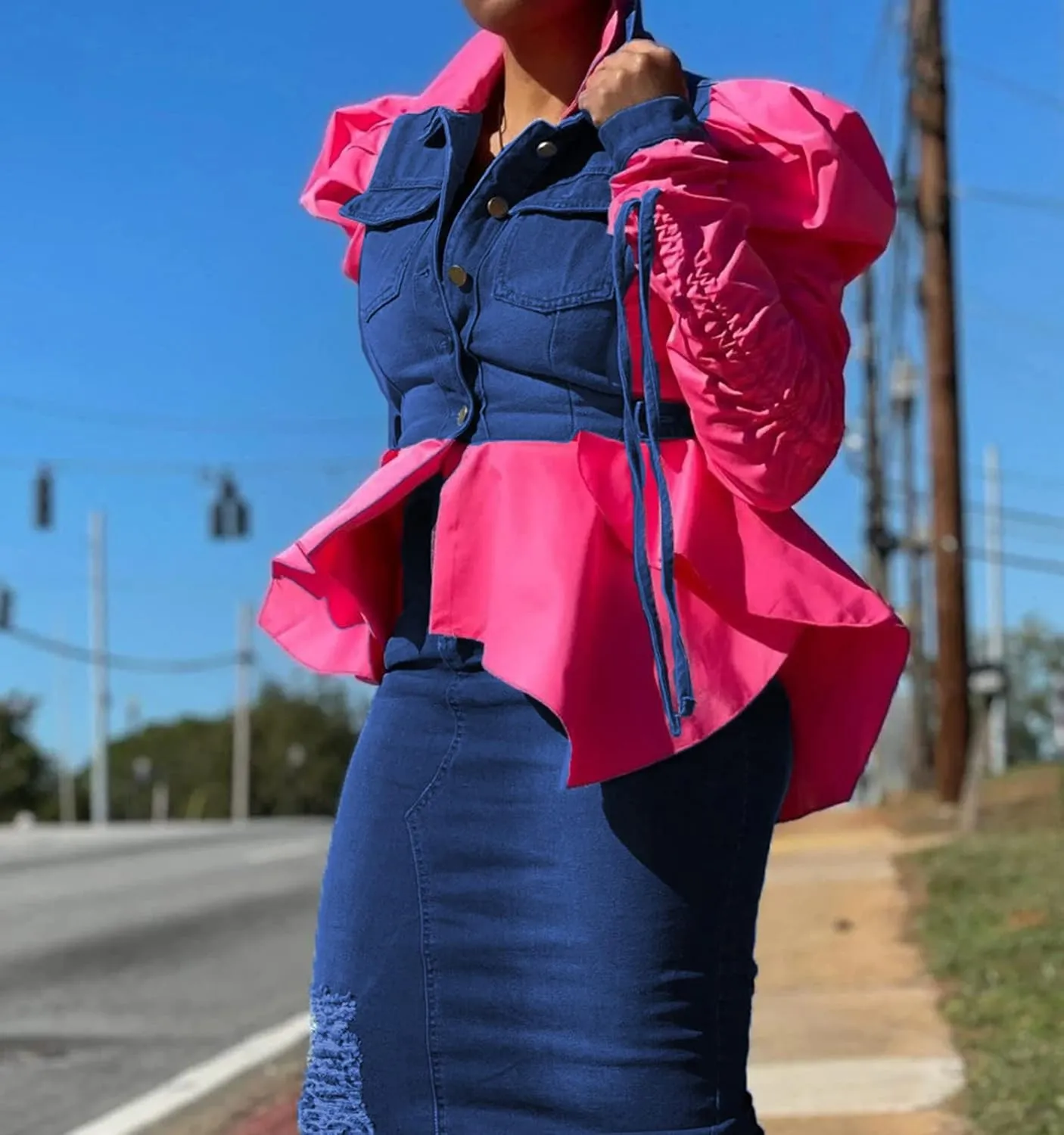 Famnbro Womens 2024 Puff Sleeve Ruffle Peplum Top Button Up Patchwork Jean Jacket Shirt Blouses Tops