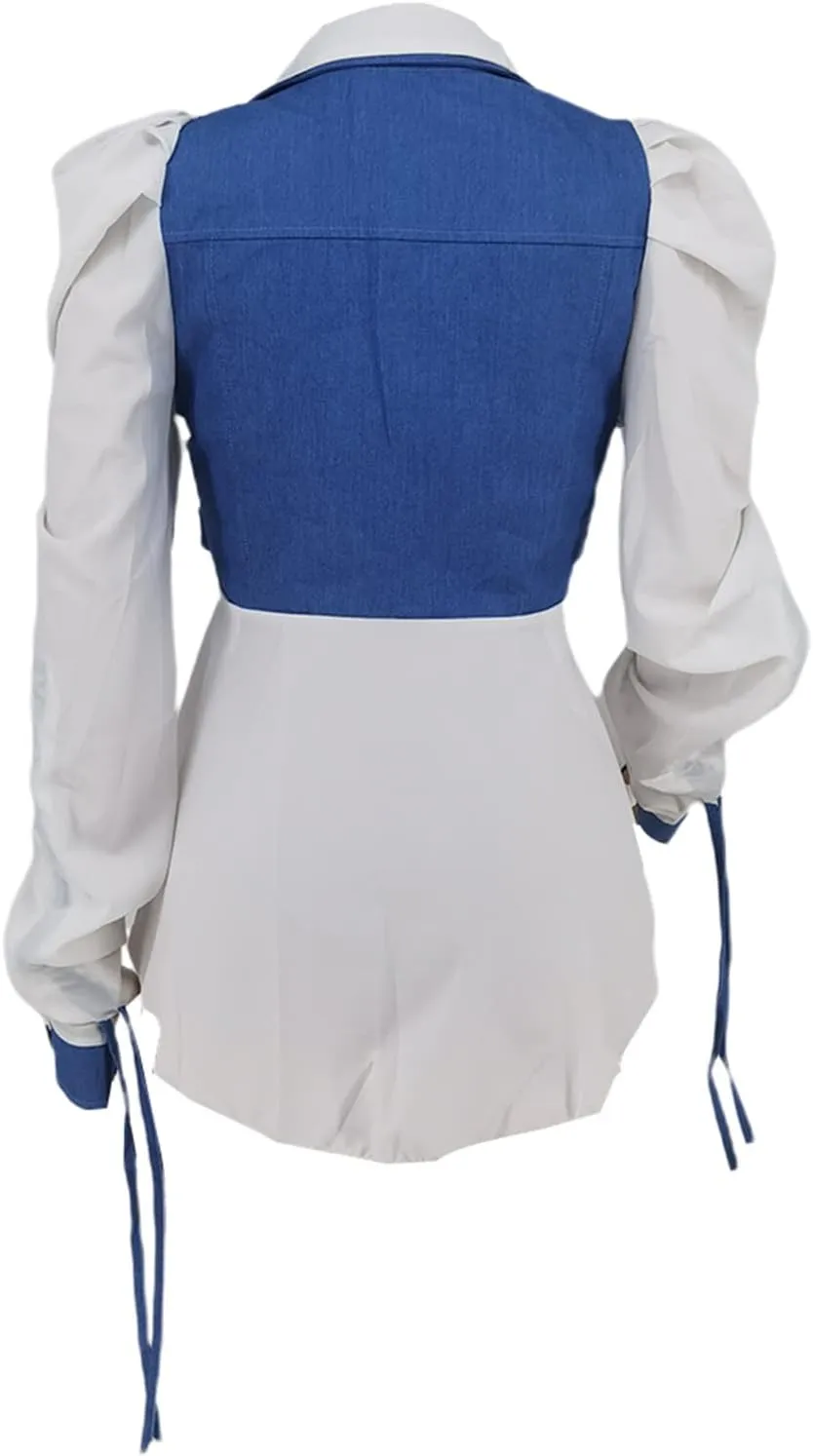 Famnbro Womens 2024 Puff Sleeve Ruffle Peplum Top Button Up Patchwork Jean Jacket Shirt Blouses Tops