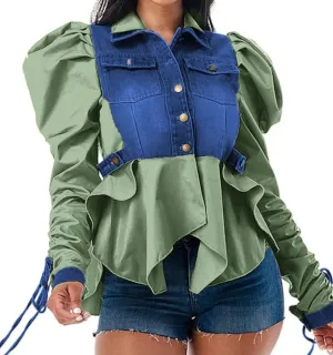 Famnbro Womens 2024 Puff Sleeve Ruffle Peplum Top Button Up Patchwork Jean Jacket Shirt Blouses Tops