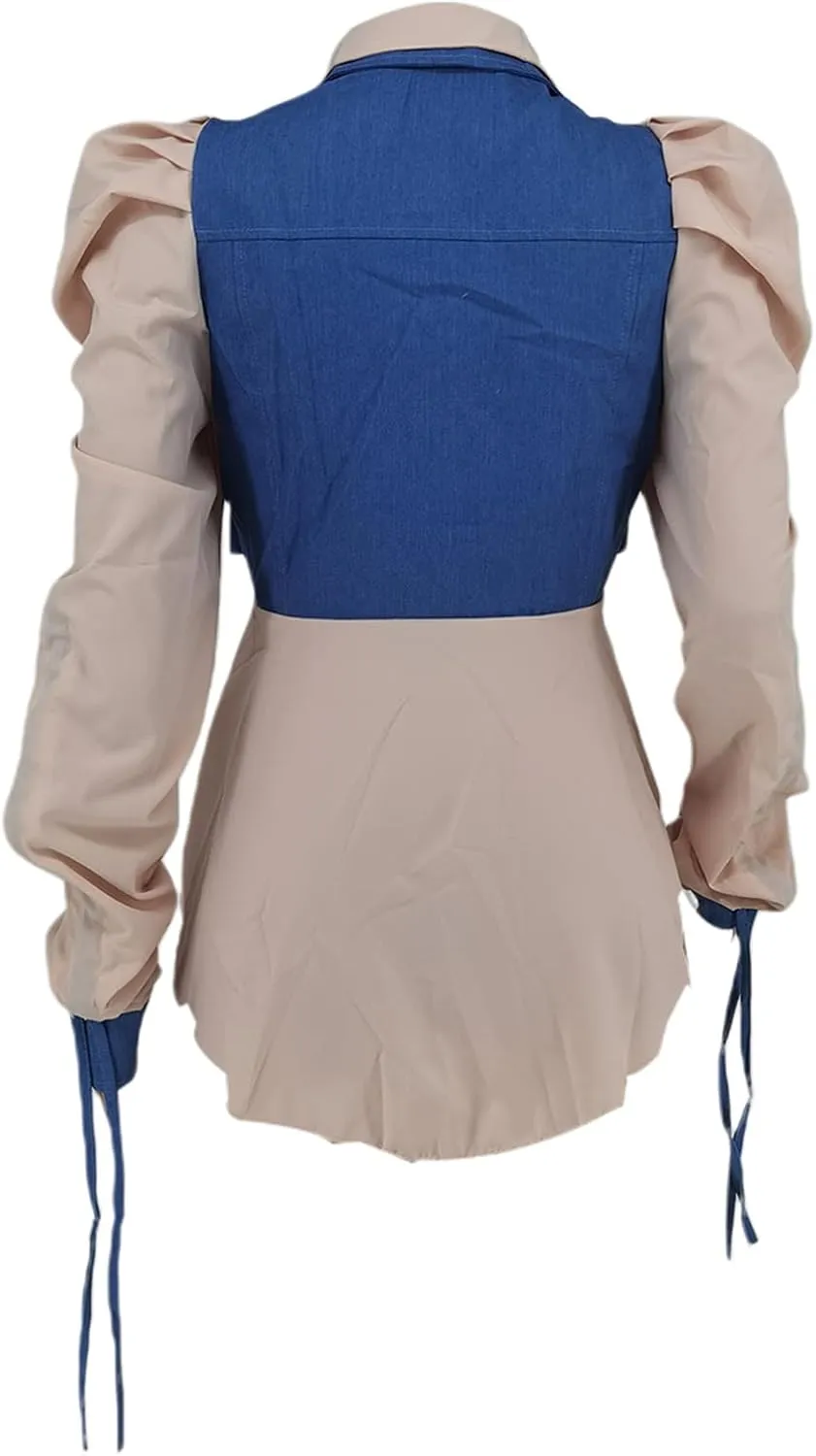 Famnbro Womens 2024 Puff Sleeve Ruffle Peplum Top Button Up Patchwork Jean Jacket Shirt Blouses Tops