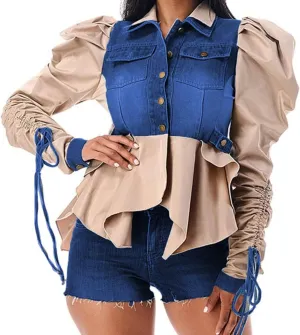 Famnbro Womens 2024 Puff Sleeve Ruffle Peplum Top Button Up Patchwork Jean Jacket Shirt Blouses Tops