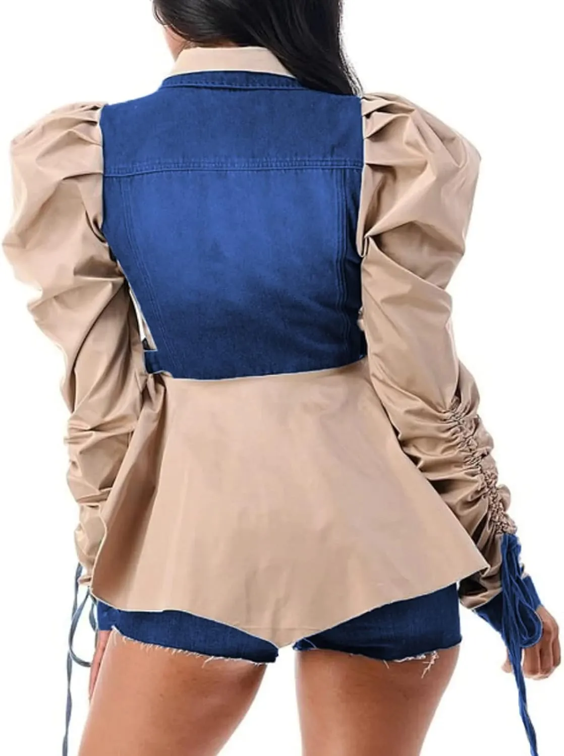 Famnbro Womens 2024 Puff Sleeve Ruffle Peplum Top Button Up Patchwork Jean Jacket Shirt Blouses Tops