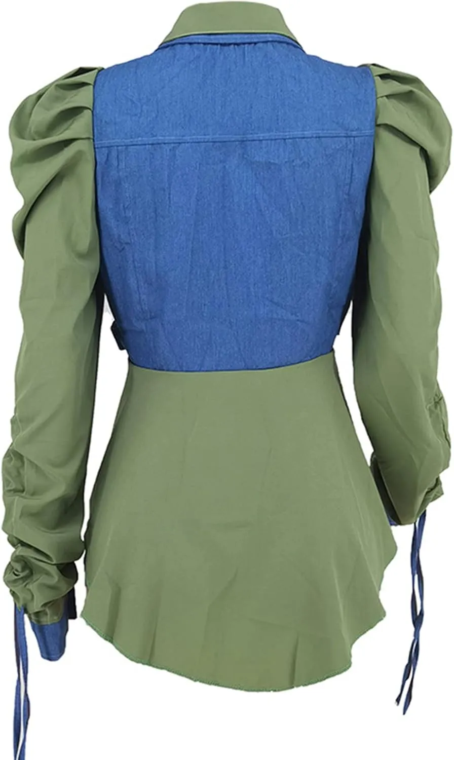 Famnbro Womens 2024 Puff Sleeve Ruffle Peplum Top Button Up Patchwork Jean Jacket Shirt Blouses Tops