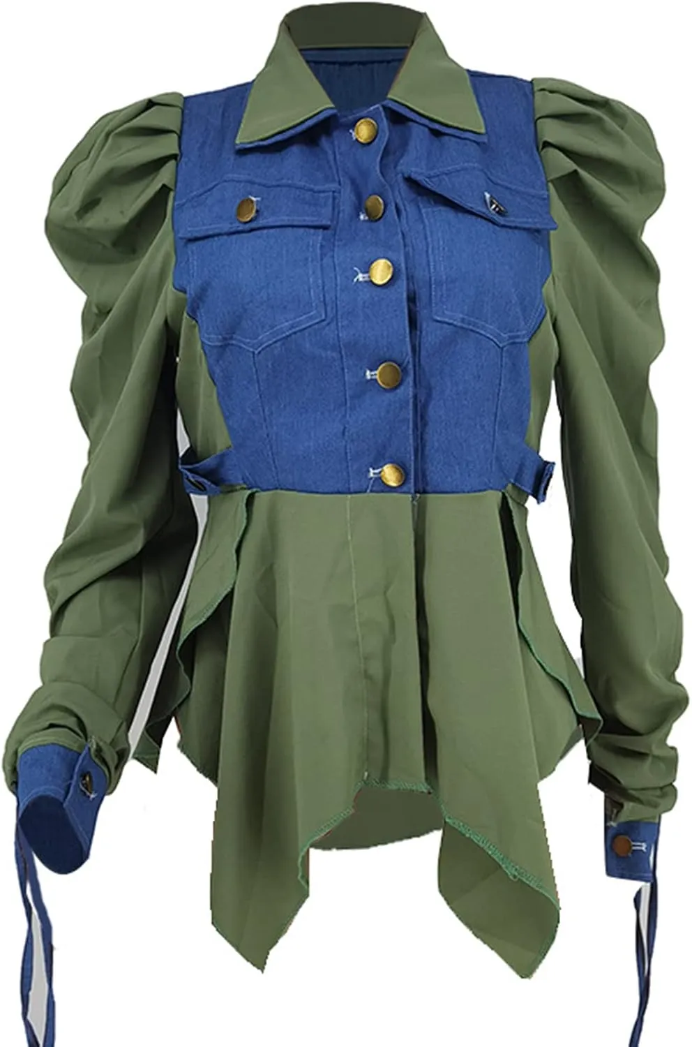 Famnbro Womens 2024 Puff Sleeve Ruffle Peplum Top Button Up Patchwork Jean Jacket Shirt Blouses Tops