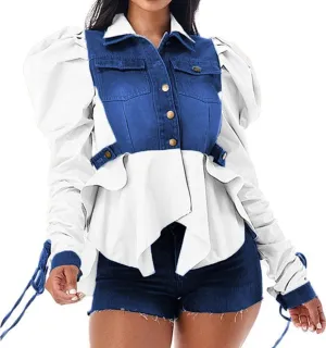 Famnbro Womens 2024 Puff Sleeve Ruffle Peplum Top Button Up Patchwork Jean Jacket Shirt Blouses Tops